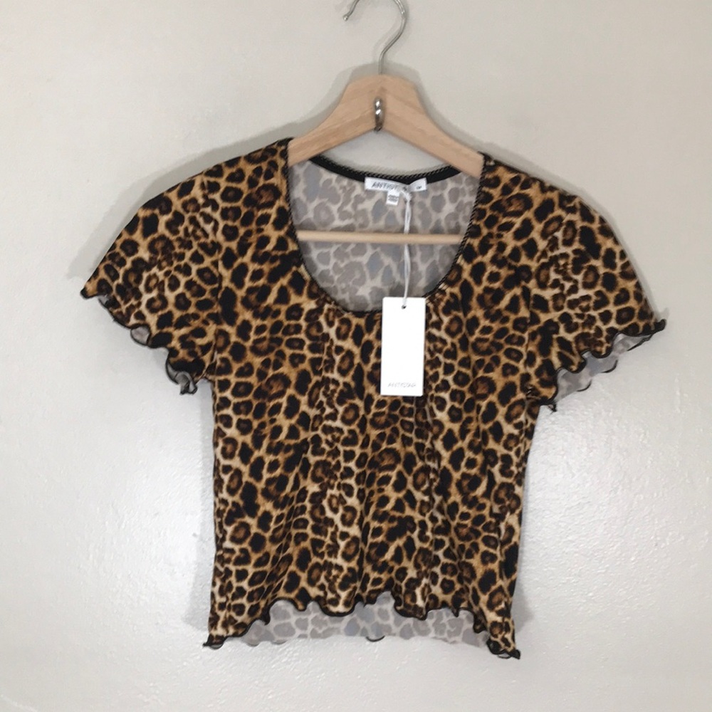 NEW ANTISTAR‎ Leopard Print Ruffle Sleeve Crop Top